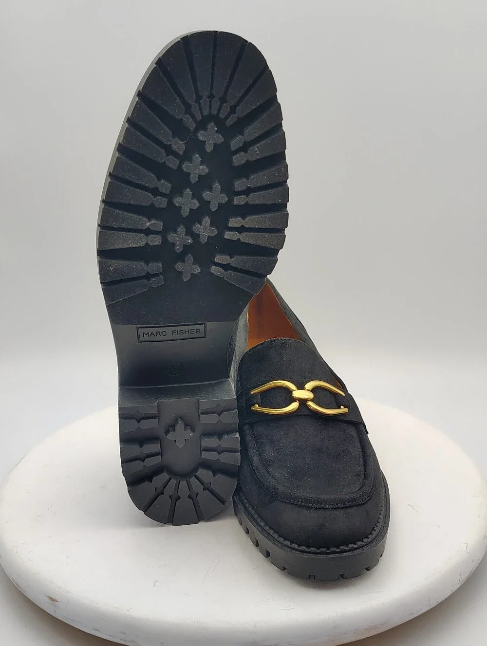 New Marc Fisher Black Suede Lug Sole Loafers with Gold Hardware Accents Size 9.5